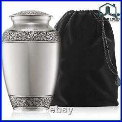 Adult Cremation Funeral Urn for Human Ashes, Pewter Etched with Velvet Bag
