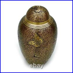 Brass Adult Urn Engraved in Antique Butterfly, Sprinkle Black Finish for Ashes