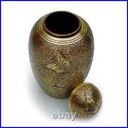 Brass Adult Urn Engraved in Antique Butterfly, Sprinkle Black Finish for Ashes