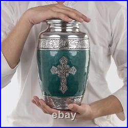 Cremation Urn 10 Inch Green Christian Human Ash Male Female Large Burial Urn