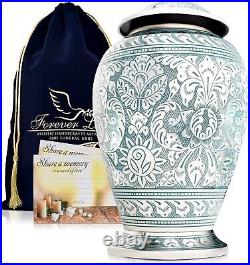 Cremation Urn for Adult Human Ashes Silver with Velvet Bag & Memorial Card