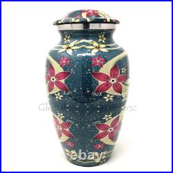Cremation urn Blue Floral Aluminium Large for Human Ashes