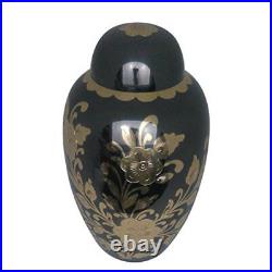 Funeral Brass Urn, Large Golden Floral Decorative Black Adult Urn Ashes