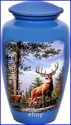 HLC Cremation Urn, Adult Urns for Ashes Grazing Deer Handcrafted Blue
