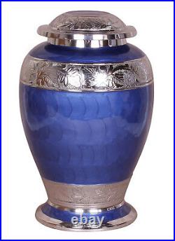 Large Adult Cremation Ashes Urn Fully Personalised Funeral Memorial Blue Silver