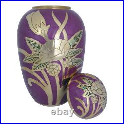 Large Dome Top Purple Enamelled Gold Flower Adult Urn For Ashes