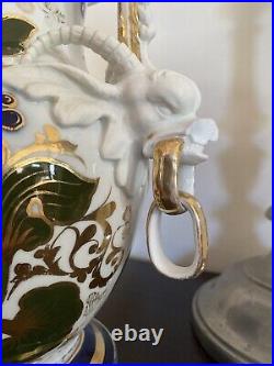 Pair Antique Victorian Porcelain Garniture Vases/Urns Hunt Scenes Devil Handles