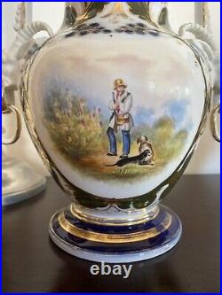 Pair Antique Victorian Porcelain Garniture Vases/Urns Hunt Scenes Devil Handles
