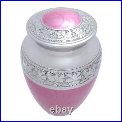 Pink Enamel and Nickel Flower Engraved Brass Adult Cremation Urn for Ashes
